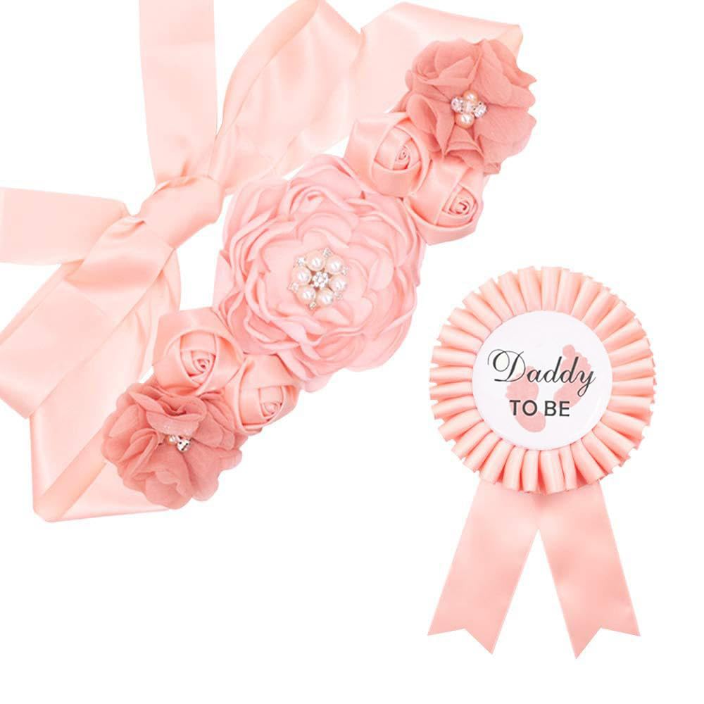 xuzhiyuan Blue Mommy to Be &amp; Daddy to Be Ribbons Flower Belly Belt Set - Ideal for Baby Shower Celebrations-E