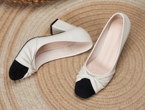 YooPrettyz Women Leather Office Wear Suit Pleated Almond Toe Slid Daily Block Heels Formal Pumps Shoes3