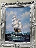 Consegna senza vetro Quadro con nave a vela anticata, 90 x 70 cm, decorazione da parete con cornice barocca, argento