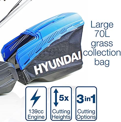 Hyundai 19" 48cm / 480mm Self Propelled Electric Start 139cc Petrol Roller Lawnmower, 5 Cutting Heights, 70l Grass Bag, Foldable Handles, 3 Year Warranty