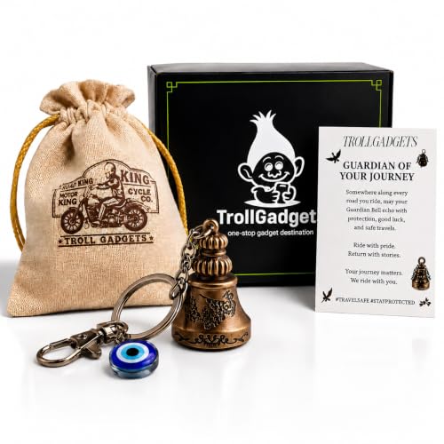 Image of TrollGadgets Premium Guardian Bell Keychain for Bike & Car | Tibetan Texture Bell Keychain with Evil Eye & Silver Hook | Good Luck Charm with Laser-Engraved Box And Potley