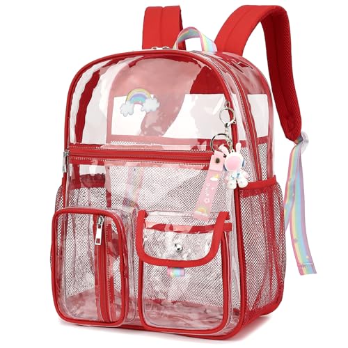 Kouxunt Clear Backpack for Boys Girls, Heavy Duty PVC See Through Transparen Backpacks for School, Stadium, Concert (Red)