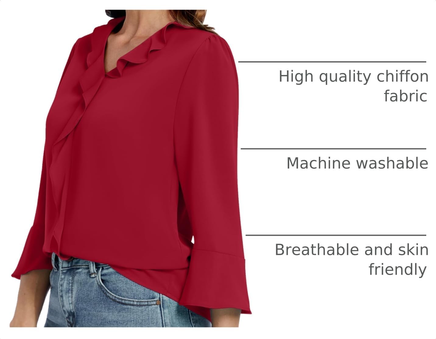 Women's 3/4 Sleeve V-Neck Ruffle Blouse - Dressy Casual Tunic Top for Work — view 4