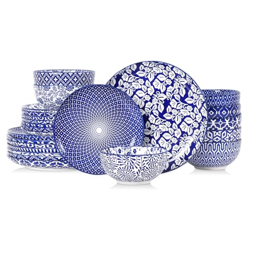 Image of Selamica Ceramic Plates and Bowls Sets,24 Pieces Dinnerware Sets for 8,Scratch Resistant Dish Set for family gathering,Dishwasher & Microwave Safe, Vintage Blue