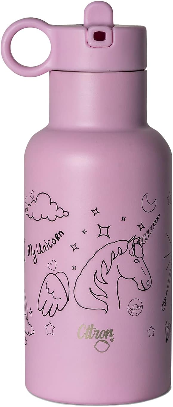 Stainless Steel Water Bottles, QR Enabled- Insulated Metal Water Bottle- 350ml Thermal Water Bottle with Straw (Unicorn)