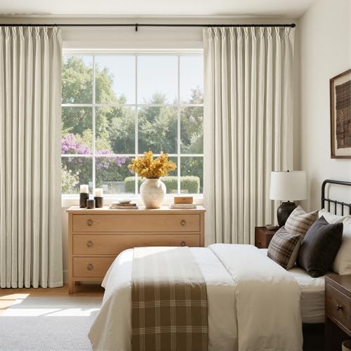 Image of TWODRAPES Pinch Pleated Extra Wide Curtain Panels 84 Inches Long 70 Wide Linen Curtain for Patio Sliding Glass Door Beige Hooks Rings Semi Sheer Privacy 84 Inch Length for Living Room 70x84 1 Panel
