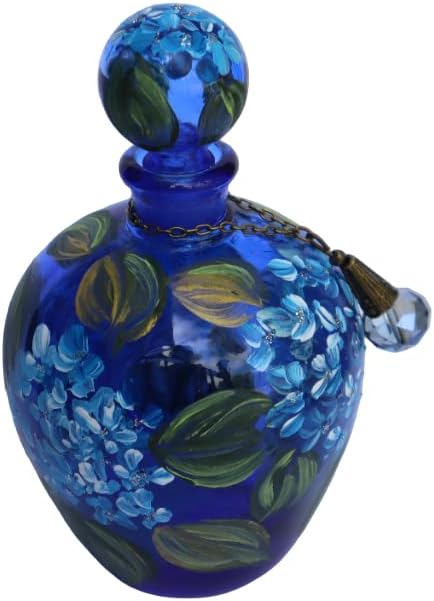Large Decorative Cobalt Blue Glass Perfume Bottle with Stopper Cap Hand Painted Hydrangeas Romantic Floral Decor Limited Edition