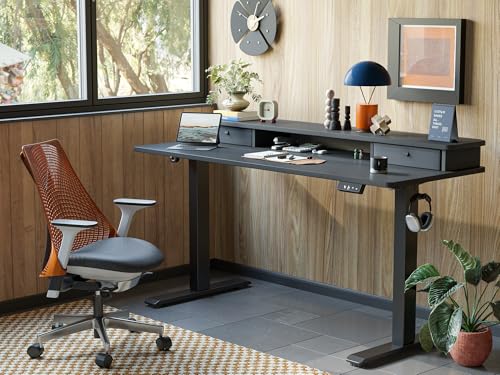 Image of TIQLAB Standing Desk with Two Drawers, Stand Up Standing Desk Adjustable Height, Electric Sit Stand Table with Storage Shelf and Splice Board, 63 * 24 inch, Black
