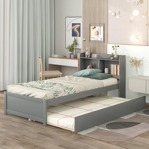 Bellemave gray twin bed with trundle and bookcase headboard