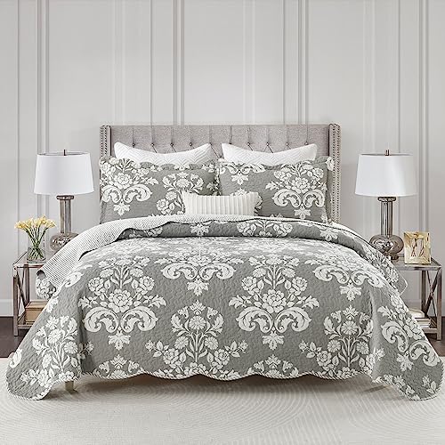 Quilt King Size, Gray King Quilt Set 100% Cotton Bedspreads Lightweight Soft Quilted Reversible Bedding Set Farmhouse Damask Paisley Floral Comforter Coverlet,All Season Grey/Gray White 3-Piece #TOP15