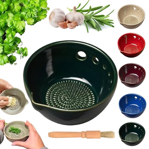 Handmade Garlic Grater X Herb Bowl,2-in-1 Stoneware Kitchen Tool with 7/5 Hole Sizes,Efficient Stoneware Herb Stripping Tool,Effortless Kitchen Prep and Minimal Mess (Five-Hole-Green)