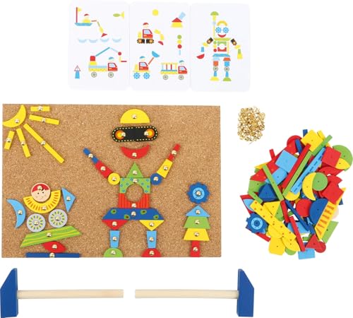 Small Foot Jeu de clous en liège et en bois, accessoires inclus (2 marteaux, 100 clous et 126 pièces en bois colorés), un amusement créatif à partir de 6 ans