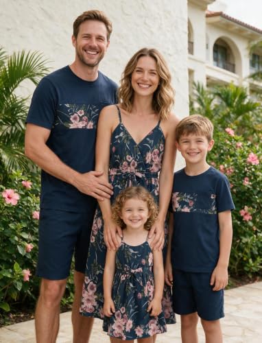 Image of PATPAT Family Matching Outfits Mommy and Me Dresses Hawaiian Tropical Vacation Beach Spaghetti Strap Dress and Shirt