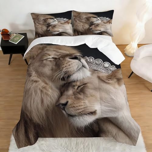 Image of Lion Comforter Set Full Size King and Queen Bedding Sets for Girls Boys Kids Adults Bedroom Decor Romantic Lover Couple Animal Quilt 1 Comforter 2 Pillowcases