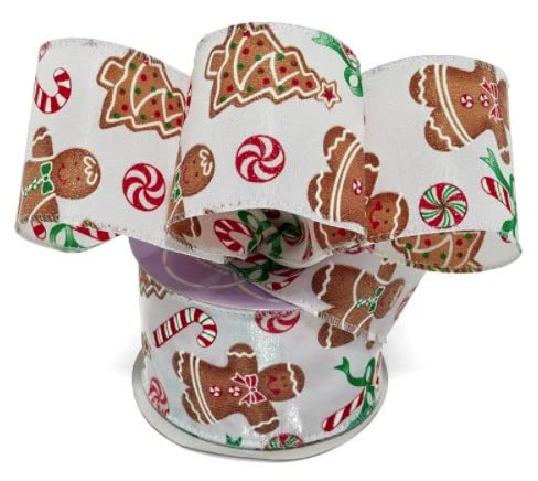 Image of Gingerbread Cookies Wired Christmas Ribbon - 2 1 /2 inch x 10 Yards, Candy Canes, Brown, White, Red, Wreath Decor, Christmas Tree Ribbon, Bows, Garlands