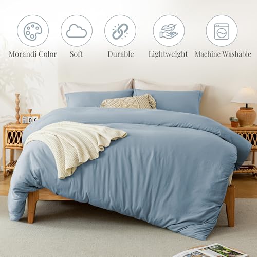 Image of MILDLY Duvet Cover Twin Ultra Soft Comforter Cover Set 2pcs, Haze Blue | Washed Microfiber Cotton-Like, Breathable Comfort, Hidden Zipper, Corner Ties, OEKO-TEX Certified, Fade Resistant