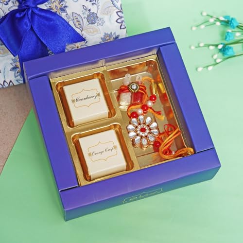 Image of VELVET FINE CHOCOLATES Rakhi Gift Box with Handmade Chocolates (Cranberry and Orange Crisp) Kundan Rakhi with Card & Kumkum Chawal Set | Raksha Bandhan Gift for Brother, Sister & Family