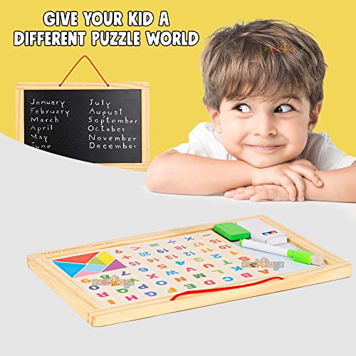 Image of Zest 4 Toyz Magnetic Wooden Writing Board for Kids Double-Sided Alphabet Number Puzzle Board with Whiteboard Chalkboard Eraser Marker and Tangram Set Fun Learning Toy for Boys and Girls
