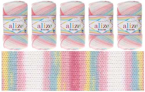 Alize Sekerim Bebe Batik Yarn 5 x 100g, 320m, 100% Acrylic Baby Wool, Baby Yarn, Batik Wool, Multicoloured Baby Wool, Crochet Wool, Gradient Wool, DK Batik Yarn, DK Batik Wool, Gradient Yarn, (3045)