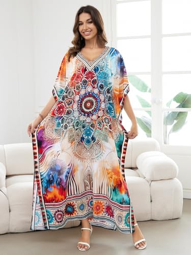 Image of IMAGEKOPE Women's Plus Size Loose Fit Moroccan Print V-Neck Batwing Kaftan Beach Dress Bathing Suit Cover Up