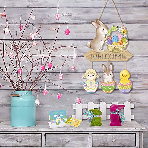 Iarttop Happy Easter Wooden Hanging Sign Front Door (8”X12”), Lovely Easter Eggs Wooden Hanger Plaque, Easter Wall Art Hanging For Front Door Easter Party Decor #TOP4