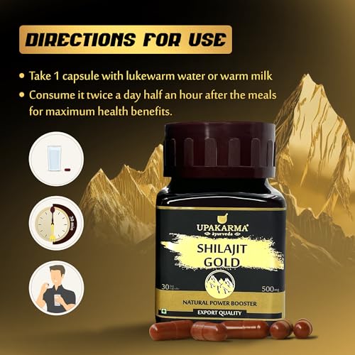 Image of Upakarma Shilajit Gold 30 Capsules | Contains Gold | For Power, Stamina, Muscle Growth & Energy | Ashwagandha, Gokshura, Kali Musali & Other Action Herbs (Pack of 1)