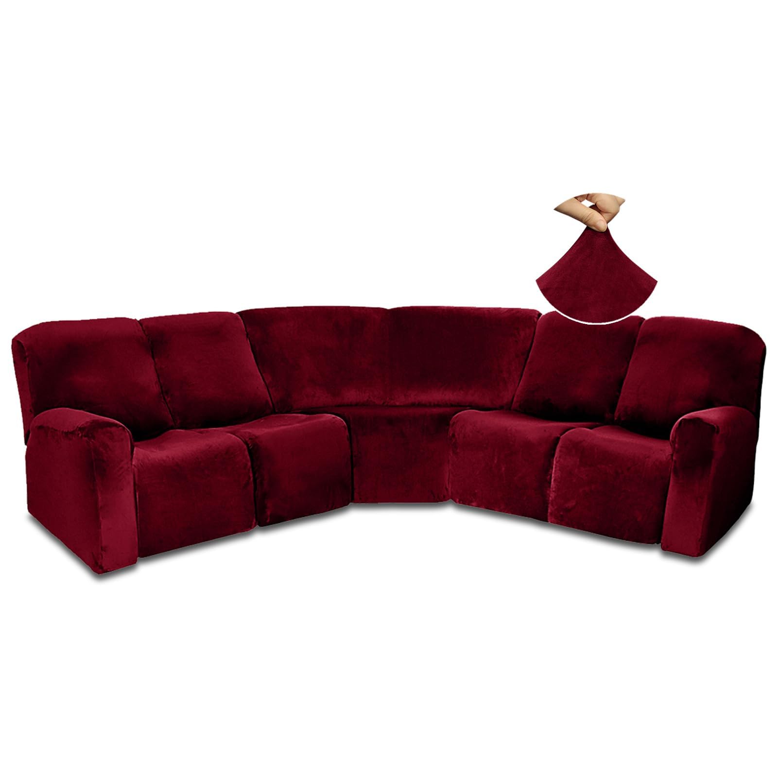 JUNLEBUYI 7-Piece L Shape Sectional Recliner Sofa Covers 4 Seater & 1 Corner Seat,Velvet Stretch Reclining Couch Cover Slipcover for Reclining L Shape 5 Seat Recliner Corner Sofa (Wine Red)