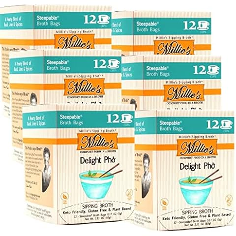 MILLIE'S DELIGHT PHO SIPPING BROTH | Vegetable Broth with Savory Seasonings for Snack Urges | Vegan, Keto, Gluten Free, Intermittent Fasting, and natural | (6 Pack - 72 Broth Bags Total) Cover