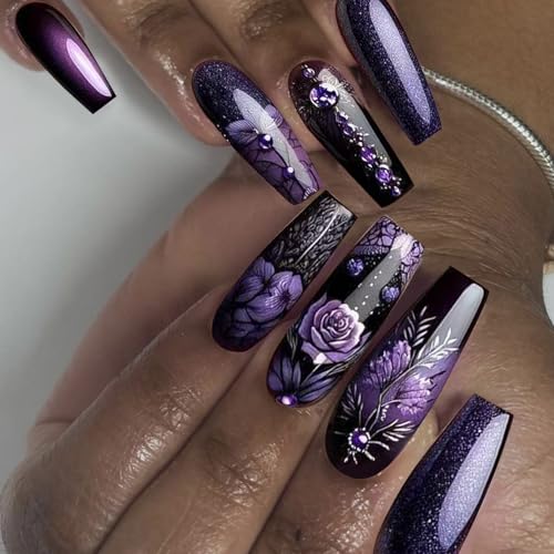 SEMATA Spring Black Coffin Press on Nails Long Square Acrylic Nails Press ons Purple Ombre Glue on Fake Nail with Flower Designs Reusable Artificial Stick on False Nail for Women 24Pcs — view 3