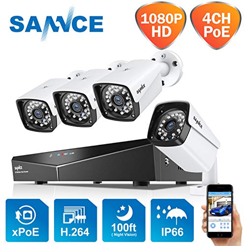 SANNCE 4 Canali Kit sorveglianza Sistema di sicurezza 1080P Kit Telecamera Videosorveglianza 4 Canali IP66 Sistema NVR Visione Notturna per Sicurezza della Famiglia Senza HDD