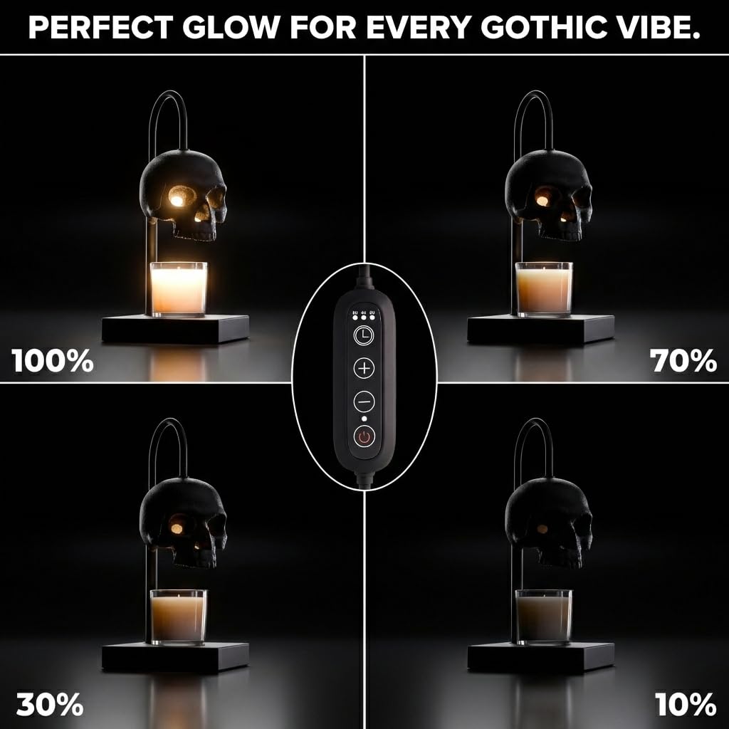 Lampa podgrzewacza wody z czaszką z timerem i ściemniaczem, świece nie wchodzą w zakres dostawy, czarny gotycki podgrzewacz wody z regulacją wysokości, 2 żarówki, dekoracja czaszki, lampy