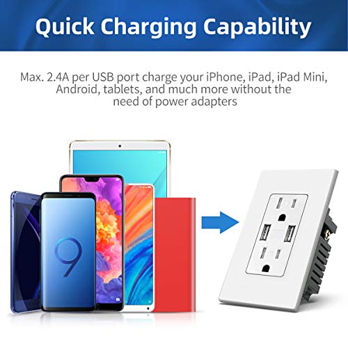 Usb Outlet High Speed Charger Total 4.8A Quick Charging Capability, Child Proof Safety Duplex Receptacle 15Amp, Tamper Resistant Outlet Wall Plate Included Bekca Kt48 (4.8A Usb Outlet 4Pack) #TOP4