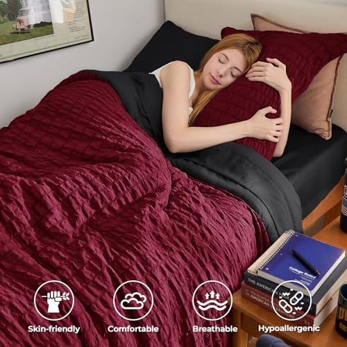 Image of HYMOKEGE Red & Black Twin XL Comforter Set Seersucker 5 Pieces, All Season Luxury Bed in a Bag for Bedroom, Bedding Set with Comforter, Sheets, Pillowcase & Sham
