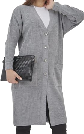 Womens Long Knitwear Seasonal Buttoned Lycra Cardigan with Pockets