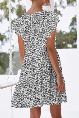 Image of nclook Womens Summer Casual Dresses Sweet Cute V Neck Mini Dress with Pockets Ruffle Short Sleeve