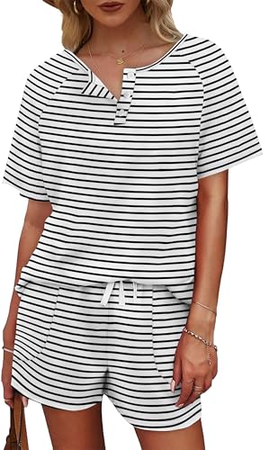 Image of WIHOLL Two Piece Outfits for Women Lounge Sets Button Down Top and Shorts Set Sweatsuits with Pockets