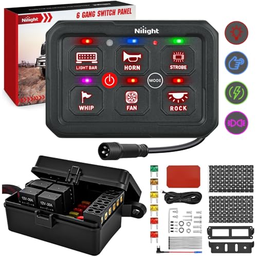 Image of Nilight 6 Gang Switch Panel Green 12V 60A Circuit Control System 4-Mode | Fuse Wiring Harness Automatic Dimmable LED Pod Toggle /Momentary /Strobe /Flash Modes for Car Pickup Truck Camper SUV