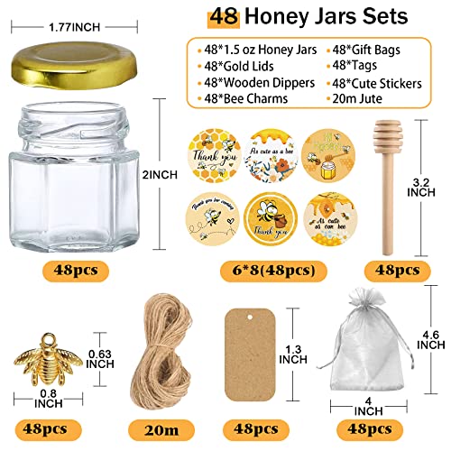 Aliggbent 48SETS WITH LABELS Honey Jars,48 Pack Mini Honey Jars Party Favors In Bulk,1.5Oz Small Hexagon Glass Honey Jars With Dipper,Stickers,Gold Lid,Charm,Gift Bags And Jute,For Baby Shower,Wedding Favors thumb #1