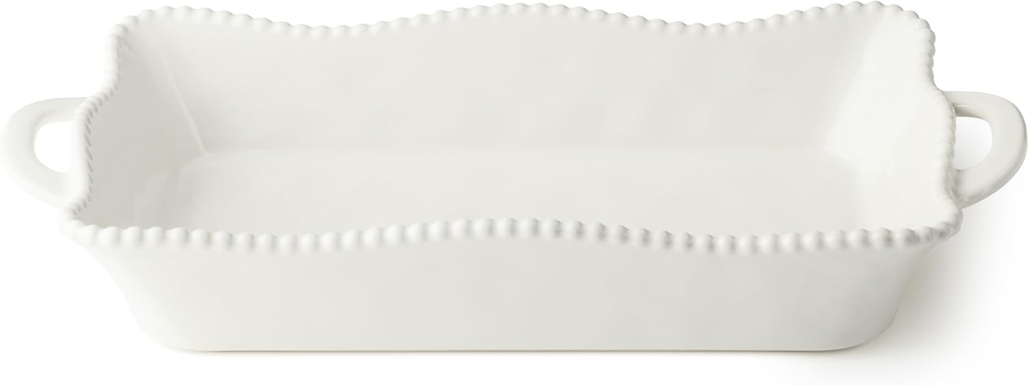 Perlette Cream Medium Rectangular Ceramic Baker – 16.25 x 8.5 Inch Elegant Scalloped Stoneware Bakeware with Beaded Rim – Oven-to-Table Dish for Casseroles, Roasts, and Everyday Entertaining