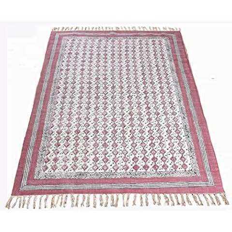 Handmade rug Indian hand block printed area rugs Geometric kilim pink cotton dhurrie Outdoor garden yoga carpet Flatweave throw rug (300 x 300 cm (10 x 10 Feet square)) Cover