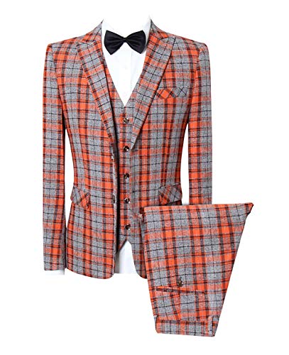 MOGU Mens Three Piece Slim Fit Plaid Suit Blazer Jacket+Vest+Pants