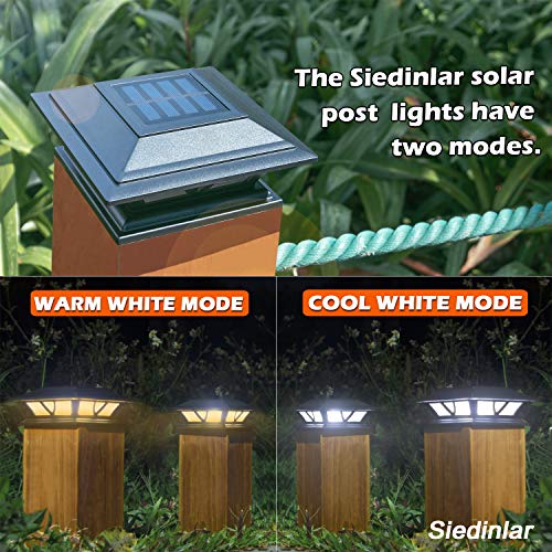 Siedinlar Solar Post Lights Outdoor 2 Modes LED Deck Fence Cap Light for 4x4 5x5 6x6 Posts Patio Garden Decoration Warm White/Cool White Lighting Black (2 Pack)