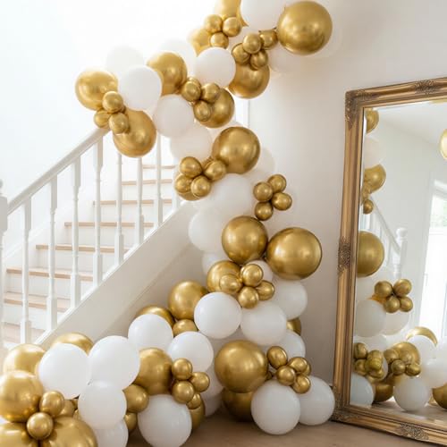 Image of RUBFAC White and Gold Balloons 129pcs Different Sizes Pack of 18 12 10 5 Inch, Latex Balloon Garland Arch Kit for Birthday Party Wedding Holiday Baby Shower Decoration