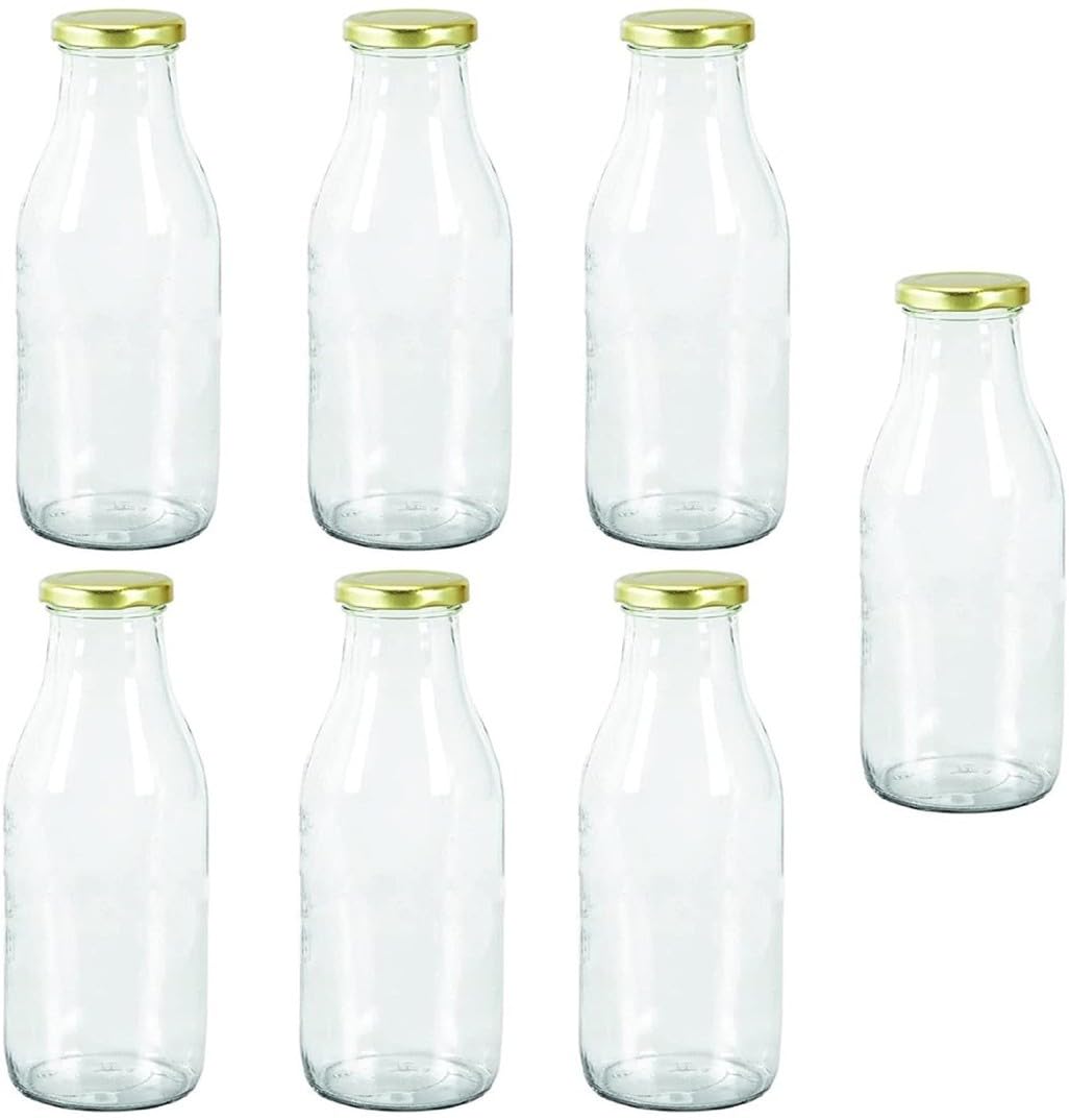 1st Time Multipurpose Kitchen Storage Glass Water & Milk Bottle With Lid, Clear, Pack Of 7, 500 Ml, 6.5 X 6.5 X 20.5 Cm