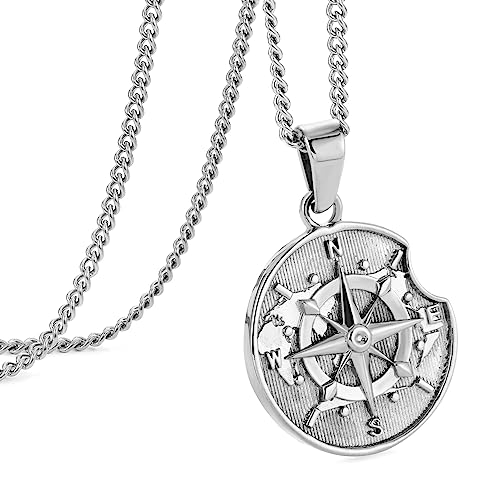 murtoo Compass Necklace for Men and Women, Gold Silver Vintage Stainless Steel Chains Necklace with Compass Pendant Unique Gifts for Men