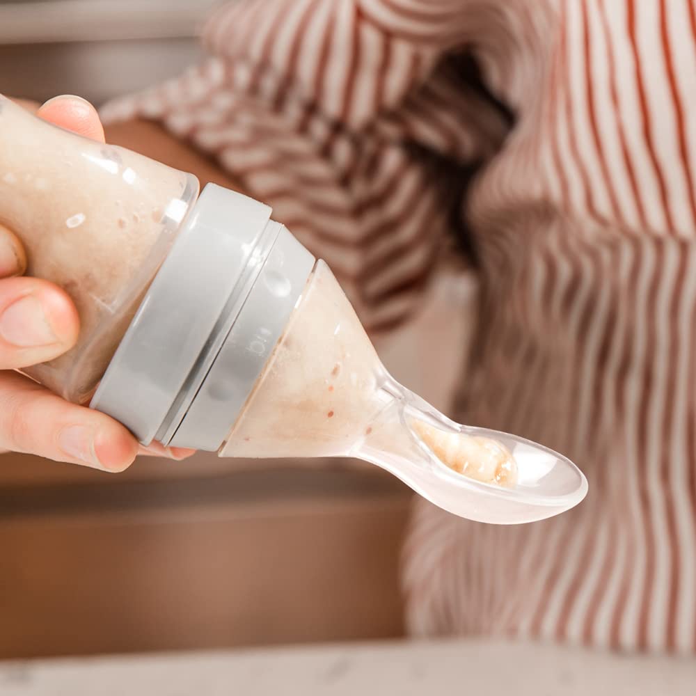 haakaa Biberon in silicone con cucchianio per L´alimentazione; Biberon per purea, Alimenti solidi per bambini, Bambini di età superiore ai 6 mesi - Grigio