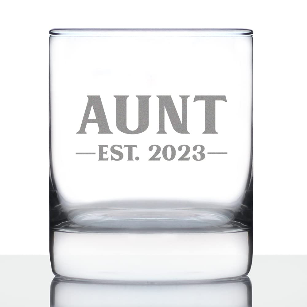 Aunt Est 2023 - New Aunties Whiskey Rocks Glass Gift for First Time Aunts - Bold 10.25 Oz Glasses