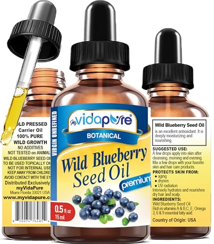 Half-ounce bottle of unrefined wild blueberry seed oil — proves the cold-pressed, single-source origin claim.
