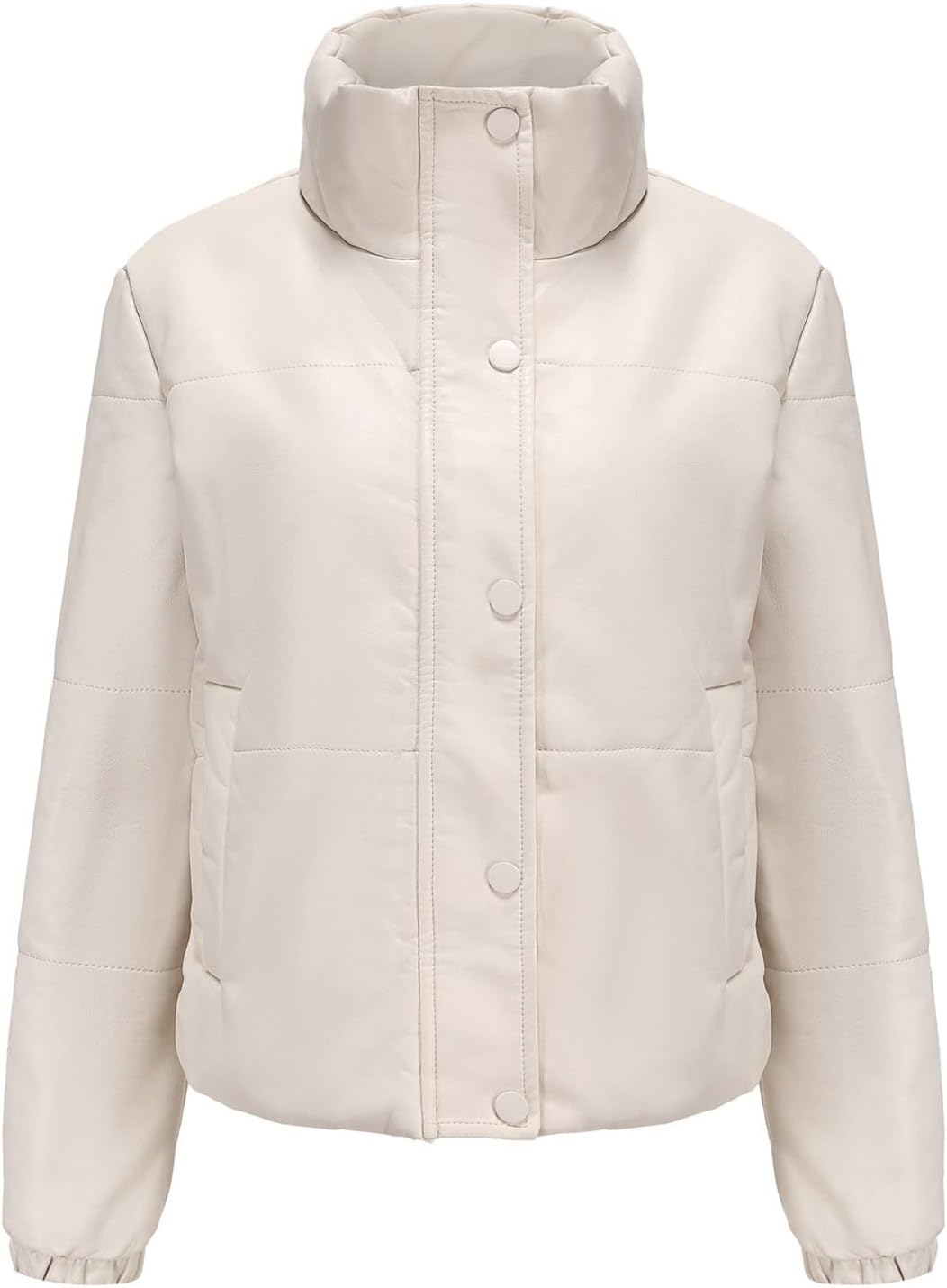 tuduoms Women Faux Leather Puffer Jacket Stand Collar Crop Short Winter Bubble Coat Waterproof Quilted Lightweight Parka Coat