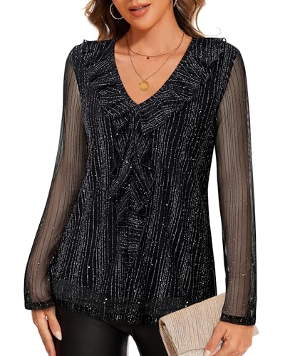 Gaharu Women's Dressy Blouses Long Sleeve Ruffle Shirts Casual Loose Fit Mesh Double Layers Flowy Tunic Tops